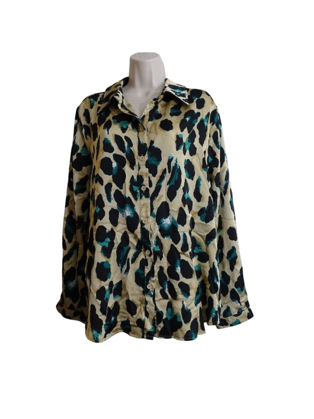 Boohoo Animal Print Button Up Collared Blouse Tan Long Sleeve Size 12 Office - Picture 1 of 10